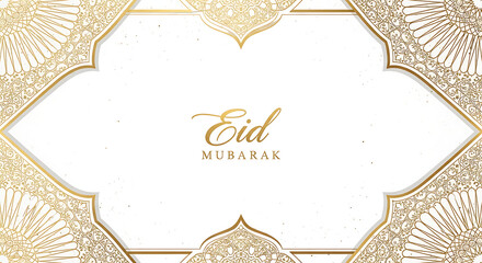 Elegant eid mubarak design with golden islamic pattern frame on a white background centered text