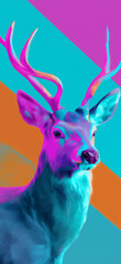 Vibrant neon deer portrait in pop art style with colorful background

