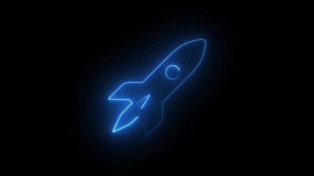 Neon rocket icon icon animation. glowing rocket icon isolated on black background motion graphics. spaceship icon video.  Space Exploration, Launch Technology movement.