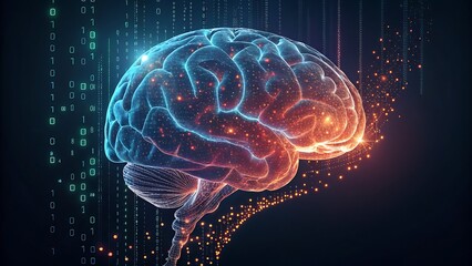Digital Brain Connection and Artificial Intelligence Concept with Binary Code and Glowing Particles Neural Network Innovation