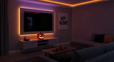 Spooky Halloween living room with carved pumpkin and festive decor for a party