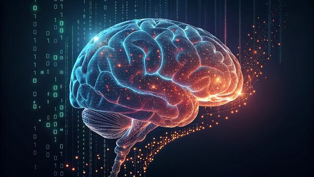 Digital Brain Connection and Artificial Intelligence Concept with Binary Code and Glowing Particles Neural Network Innovation