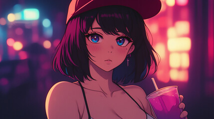 Fototapeta premium A Captivating Portrait of Urban Lifestyle: A Young Female Anime Character Enjoying a Colorful Drink in the Heart of Nightlife, Exuding Modern Style and Youthful Emotion.