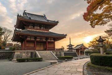 Obraz premium Traditional Japanese Temple Building with Pagoda and Stone Pathway at Sunrise with Autumn Foliage architecture