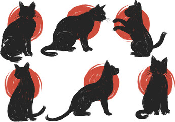 Vector Set Cat Silhouettes with Japanese Rising Sun Background in Brush Ink Style