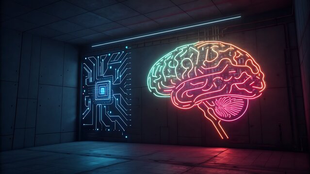Artificial Intelligence and Human Brain Interconnected Digital Future Concept with Neon Lights in Dark Room Illustrating Cognitive Computing and Technological Advancement - Powered by Adobe
