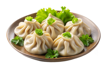 Delicious steamed dumplings garnished with fresh green herbs and lettuce on a plate transparent background