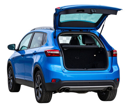  Blue SUV Rear View with Open Trunk, isolated on transparent background PNG