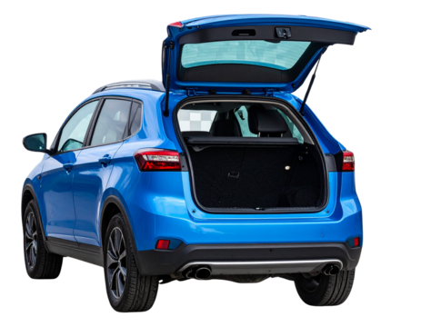  Blue SUV Rear View with Open Trunk, isolated on transparent background PNG