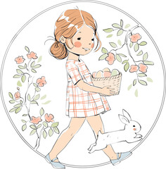 Easter. Girl. with a rabbit and eggs.