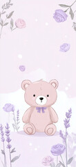 Fototapeta premium Cute teddy bear illustration with pastel flowers background 