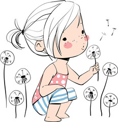 Summer theme. Cute girl with a dandelion.
