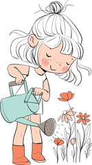 Summer theme. Cute girl watering flowers.

