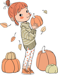 Autumn theme. Cute girl with pumpkins.