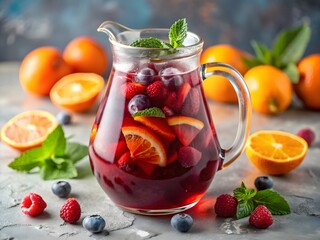 3d icon of a glass pitcher filled with refreshing sangria, garnished with fresh mint, berries, and orange slices, surrounded by fruits