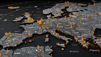 3D map of Europe, highlighting cities with orange markers and connecting lines