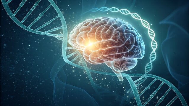 Human Brain with DNA helix representing intelligence and cognitive function science and medicine research concept