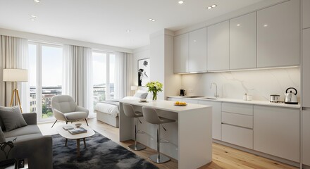 Modern bright studio apartment with open kitchen, living area, and expansive city views from balcony.