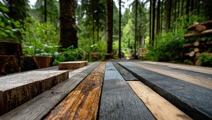 Wooden planks pathway in a lush forest.  Pathway of various wood tones leads into a deep forest.  Focus on the foreground