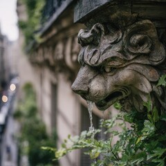 Ornate Stone Lion Fountain Head, Parisian Detail, Ancient Water Feature.