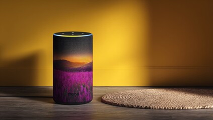 Cylindrical smart speaker with nature scene, positioned on dark floor near jute rug against yellow wall