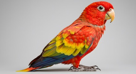 Obraz premium Vibrant Red-Fronted Macaw Portrait: Detailed Plumage and Intense Gaze on Neutral Background