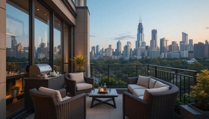 A contemporary balcony with cozy rattan furnishings and a coffee station provides a view of the downtown park.  The bustling metropolitan skyline softly faded behind, offering a calm urban setting ide