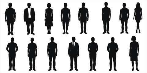 Assortment of male and female silhouettes in casual and formal attire on white background people women