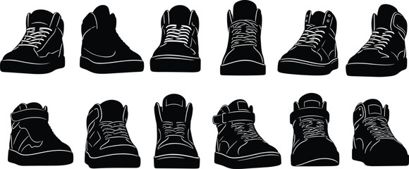 Black silhouettes of various high top sneakers from different angles on white shoes footwear
