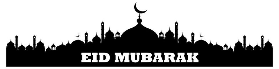 Eid Mubarak text with mosque silhouette.  Ramadan Kareem. vector illustration. 