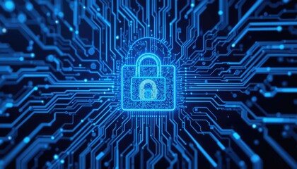 A luminous blue circuit board featuring digital padlocks and future network protection symbolizes cybersecurity, data privacy, and cutting-edge web services for businesses.