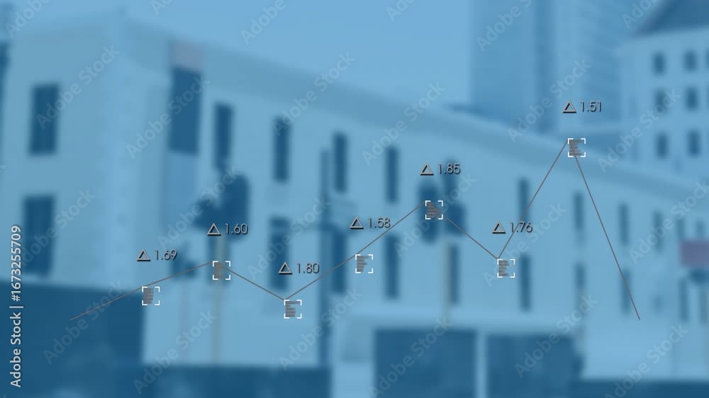 Wall mural animation of statistical data processing against tall buildings