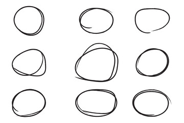 hand drawn black circles and ovals highlighter line strokes sketch set. hand drawn brush stroke for highlighting mistake. circle editing highlight hand drawn. exam element. 