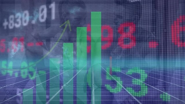 Animation of financial data processing against caucasian fit couple drinking water at the gym - Powered by Adobe