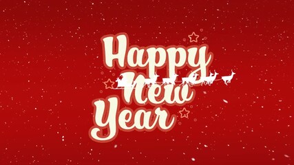 Animation of snow falling over happy new year text and santa claus in sleigh pulled by reindeers - Powered by Adobe