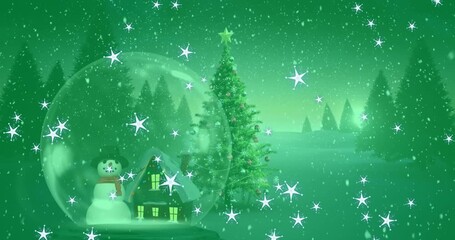 Animation of christmas tree and snowman in snow globe and snow falling over green background - Powered by Adobe