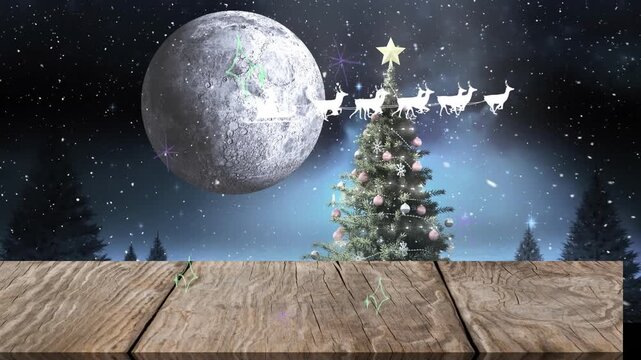 Santa in sleigh with reindeers flies by moon, stars animate in Christmas video.