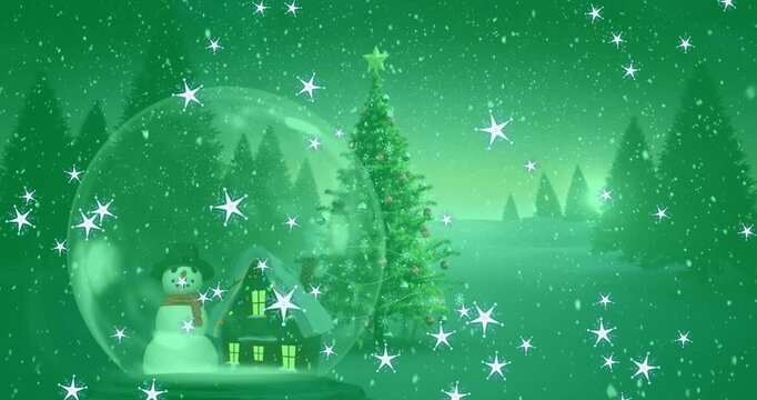 Animation of christmas tree and snowman in snow globe and snow falling over green background - Powered by Adobe