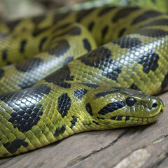 Fototapeta premium Anaconda skin with olive green scales and distinctive black markings