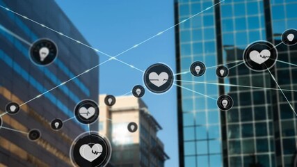 Animation of network of digital icons over view of tall buildings against blue sky - Powered by Adobe