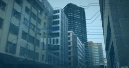 Commercial building in city being processed by data over cityscape - Powered by Adobe