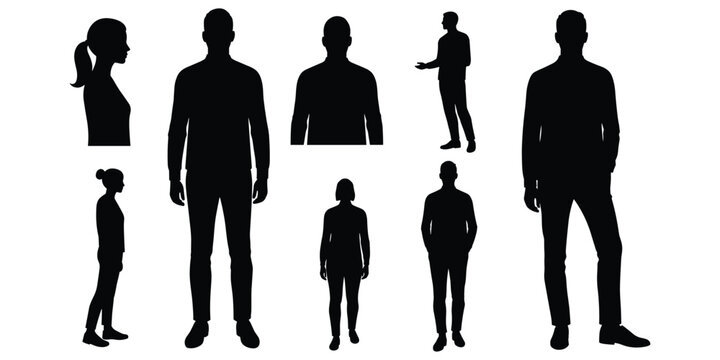 Collection of eight black silhouette human figures in various poses and sizes person