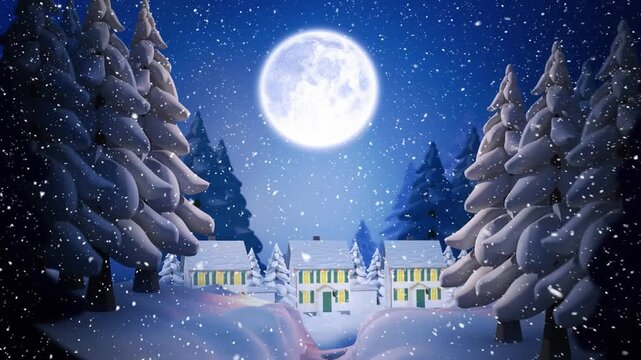 Winter scenery with full moon and falling snow