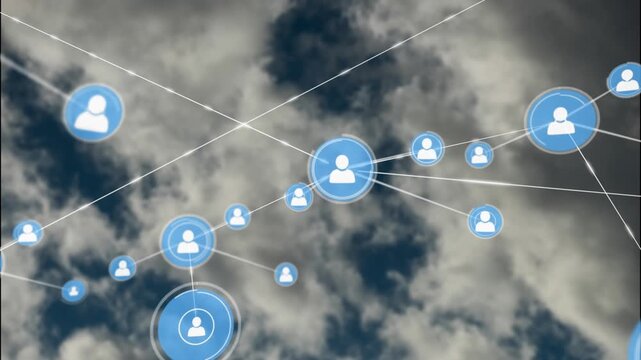 Animation of network of connections with icons over sky with clouds