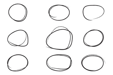 Hand drawn circle highlighter set. Circle, pen draw. Vector marker circular lines, doodle round circles for message note mark design element. Different circles vector illustration.