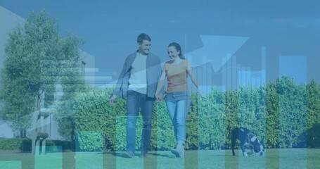 Animation of statistical data processing over caucasian couple walking their dog together outdoors - Powered by Adobe