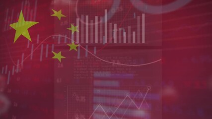 Animation of flag of china and financial data processing over virus cells - Powered by Adobe