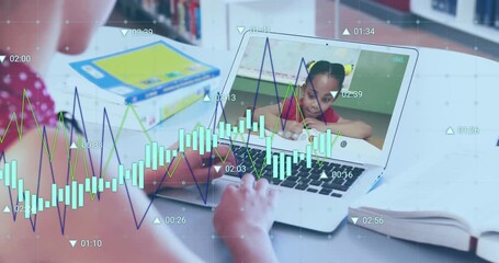 Animation of data processing over teacher having video call with african american schoolgirl - Powered by Adobe