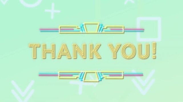 Animation of thank you text over neon banner and abstract shapes falling against blue background - Powered by Adobe