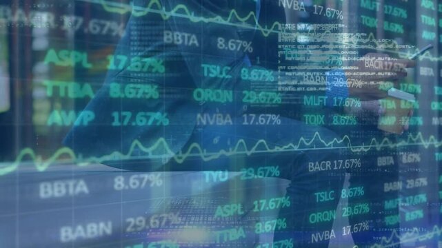 Animation of stock market data processing over mid section of businessman using smartphone outdoors - Powered by Adobe